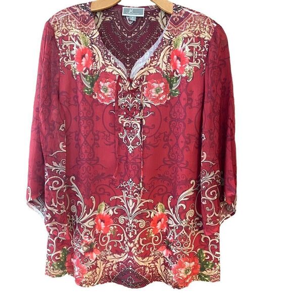 JM Collection Sz S Red Paisley Bohemian Flowy Lightweight Flared Sleeve Blouse - Picture 1 of 7